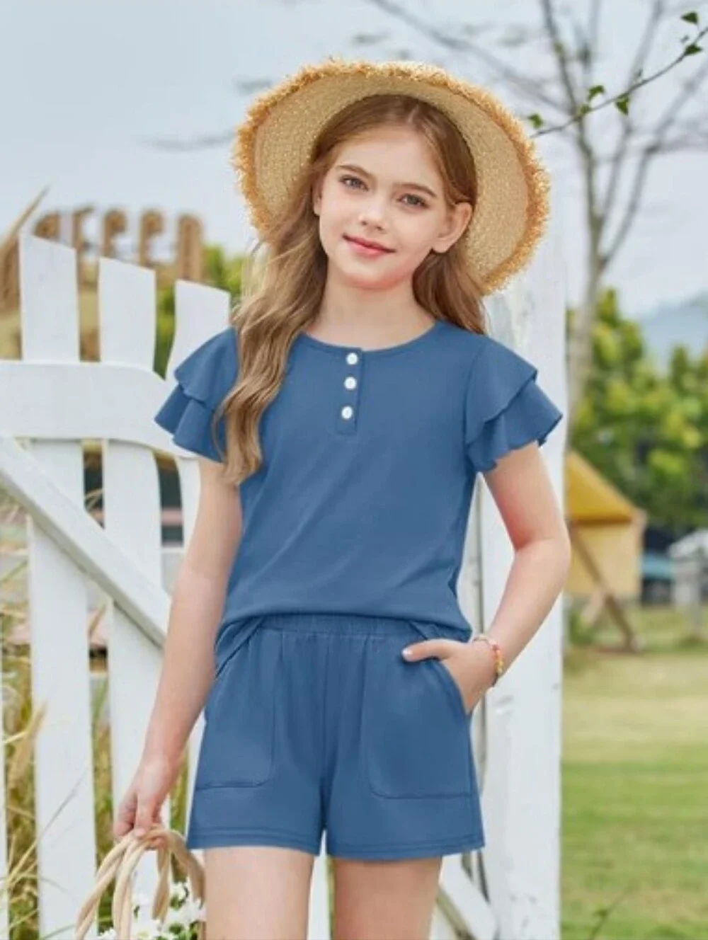 Girls Summer Outfits Ruffle Sleeve Button Down Shirts Shorts Set Blue